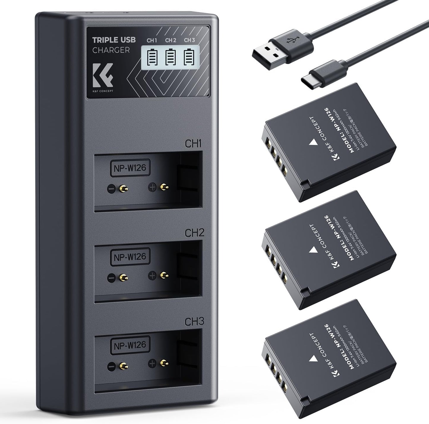 Carregador Triplo K&F Concept + 3x Bateria Fujifilm NP-W126