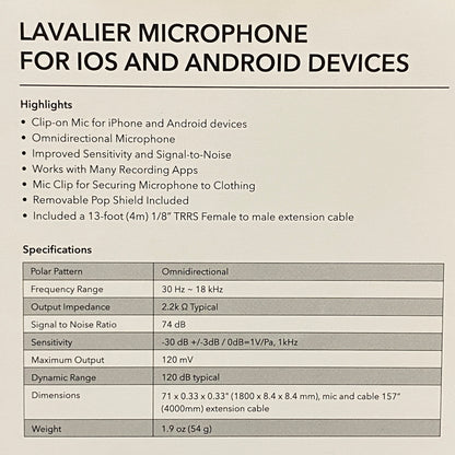 Saramonic SR-LMX1+ (Lavalier Clip-on Microphone - iOS | Android) - NOVO