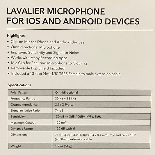 Saramonic SR-LMX1+ (Lavalier Clip-on Microphone - iOS | Android) - NOVO