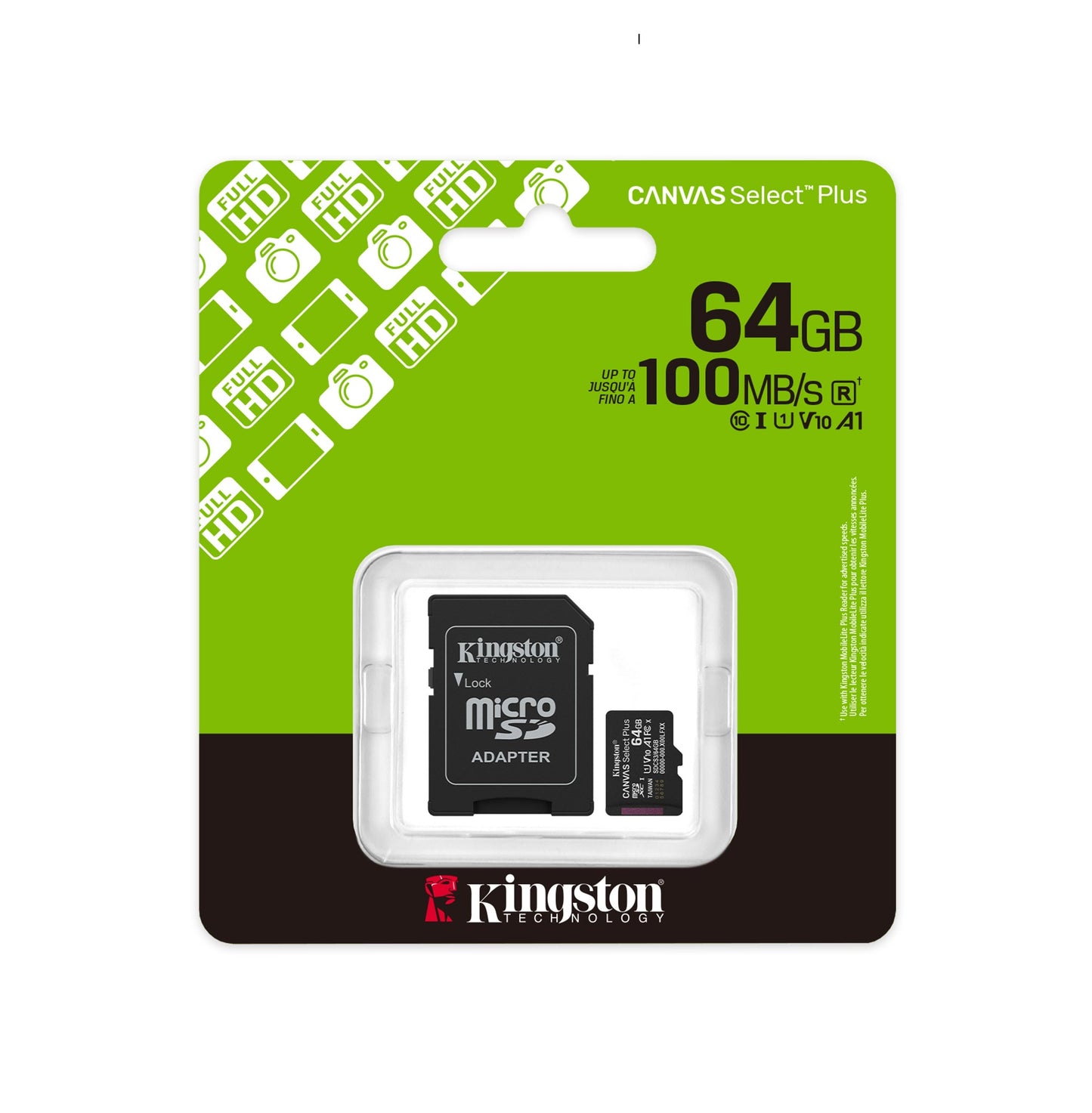Kingston Canvas Select Plus MicroSDHC - 64GB - 100MB/s V10 c/ Adaptador - NOVO
