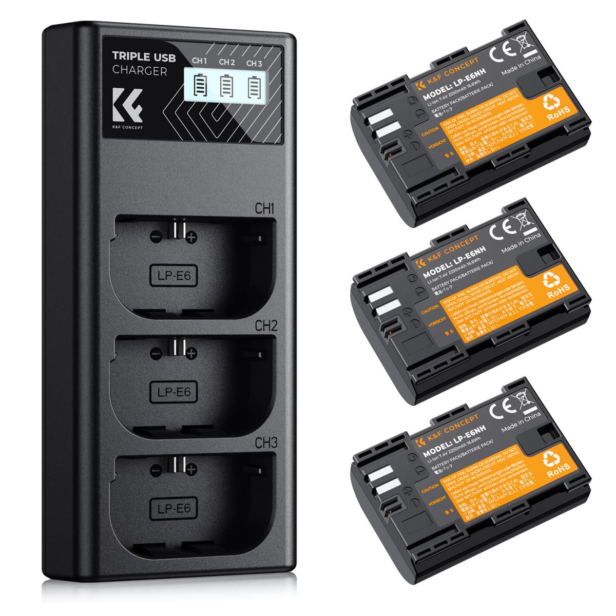 Carregador Triplo K&F Concept + 3x Bateria Canon LP-E6NH