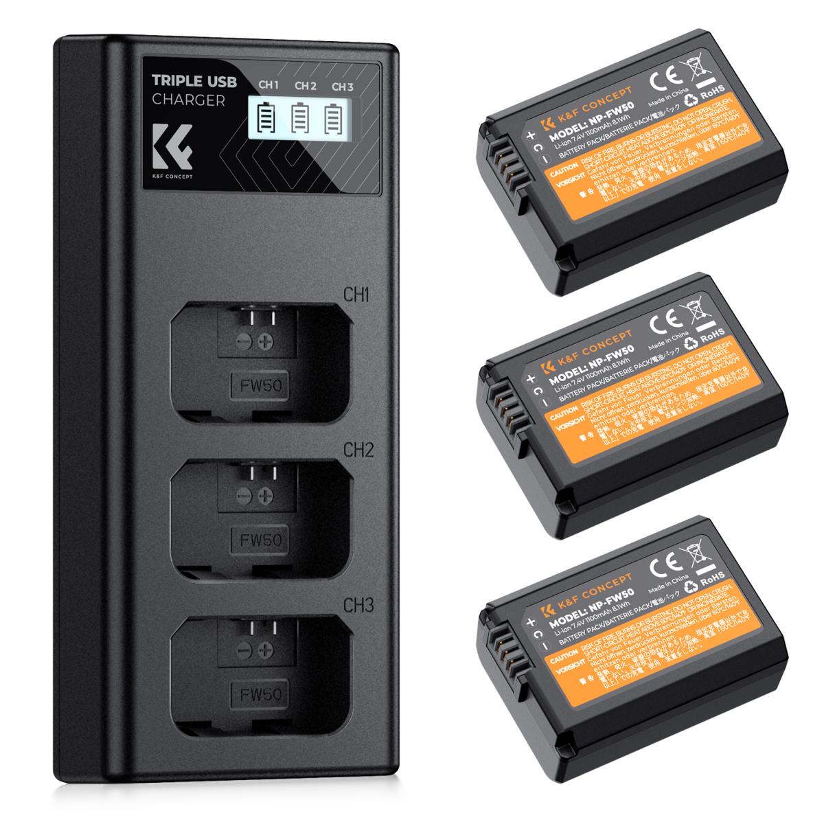 Carregador Triplo K&F Concept + 3x Baterias Sony NP-FW50